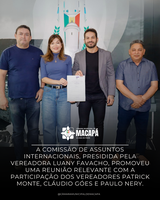 A Comissão de Assuntos Internacionais, presidida pela vereadora Luany Favacho, promoveu uma reunião relevante com a participação dos vereadores Patrick Monte, Cláudio Góes e Paulo Nery.