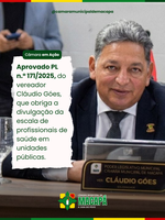 Aprovado PL  n.º 171/2025, do vereador Cláudio Góes, que obriga a divulgação da escala de profissionais de saúde em unidades públicas.