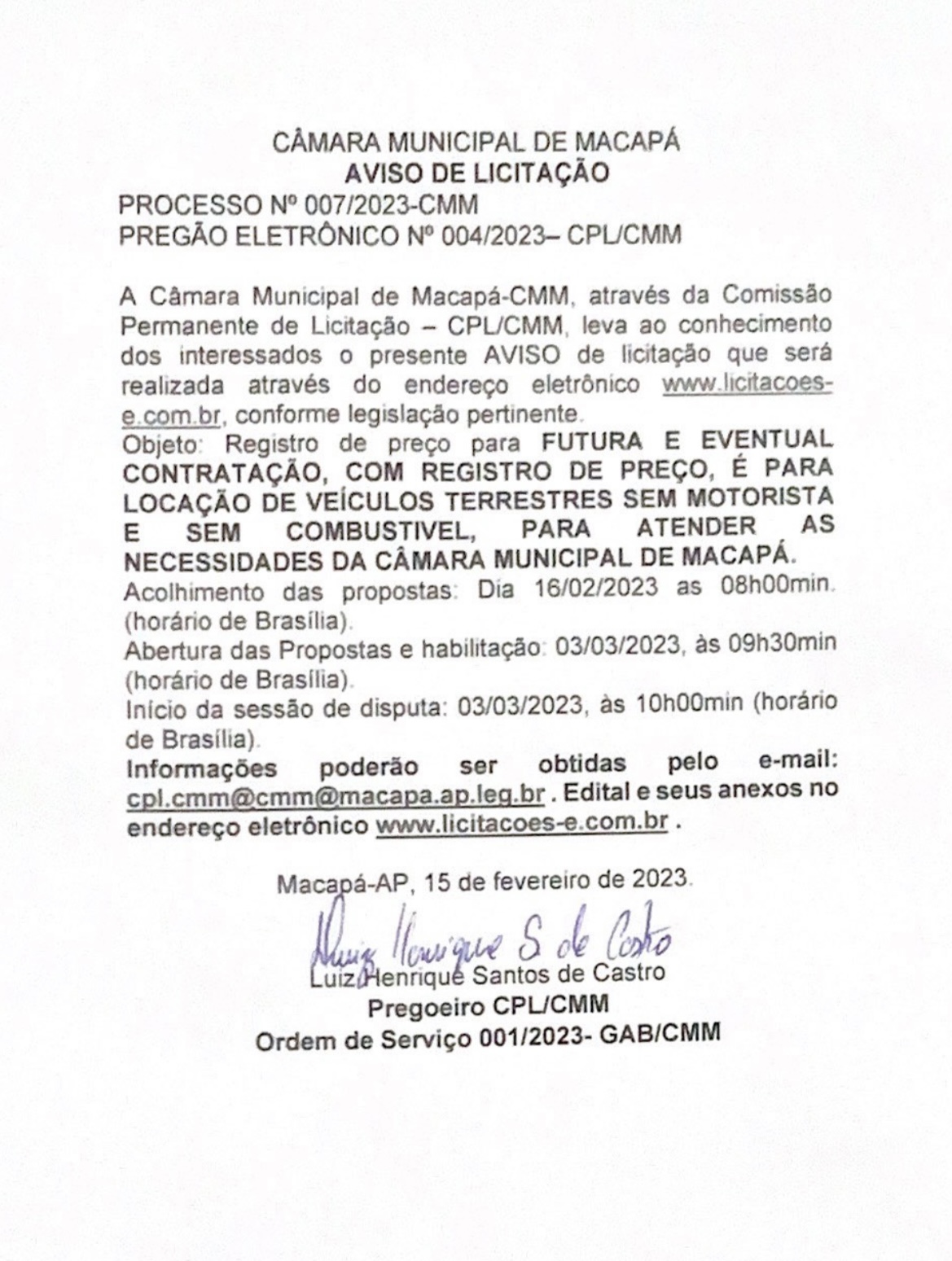 Aviso de Licitação 