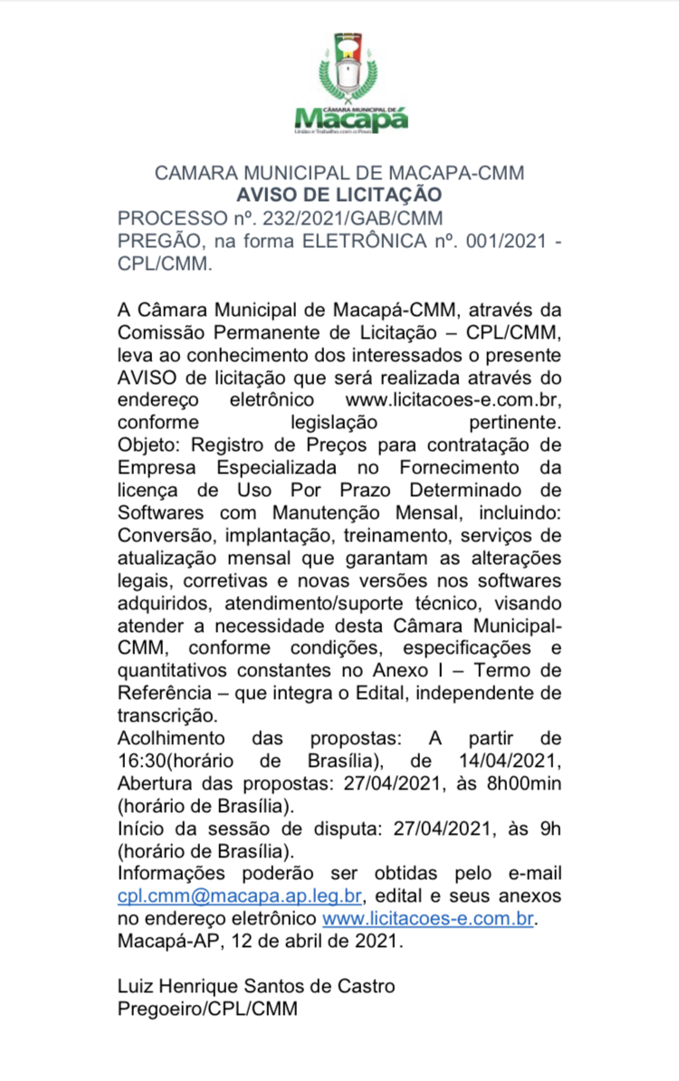 Aviso de Licitação 