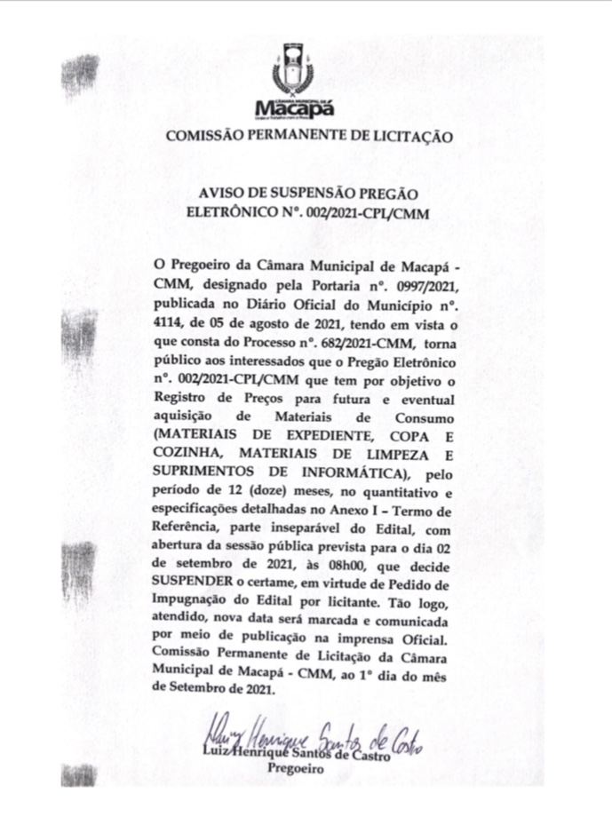 AVISO DE SUSPENSÃO PREGÃO ELETRÔNICO N° 002/2021-CPI/CMM