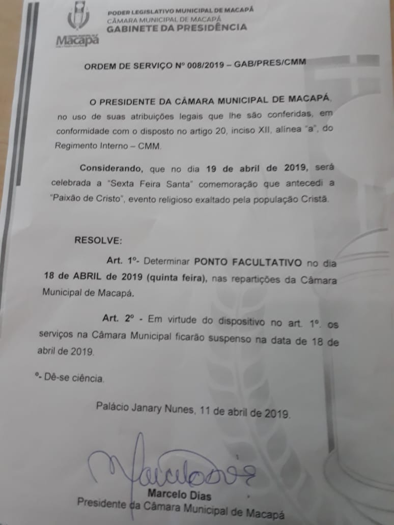 Câmara Municipal determina ponto facultativo na quinta-feira   