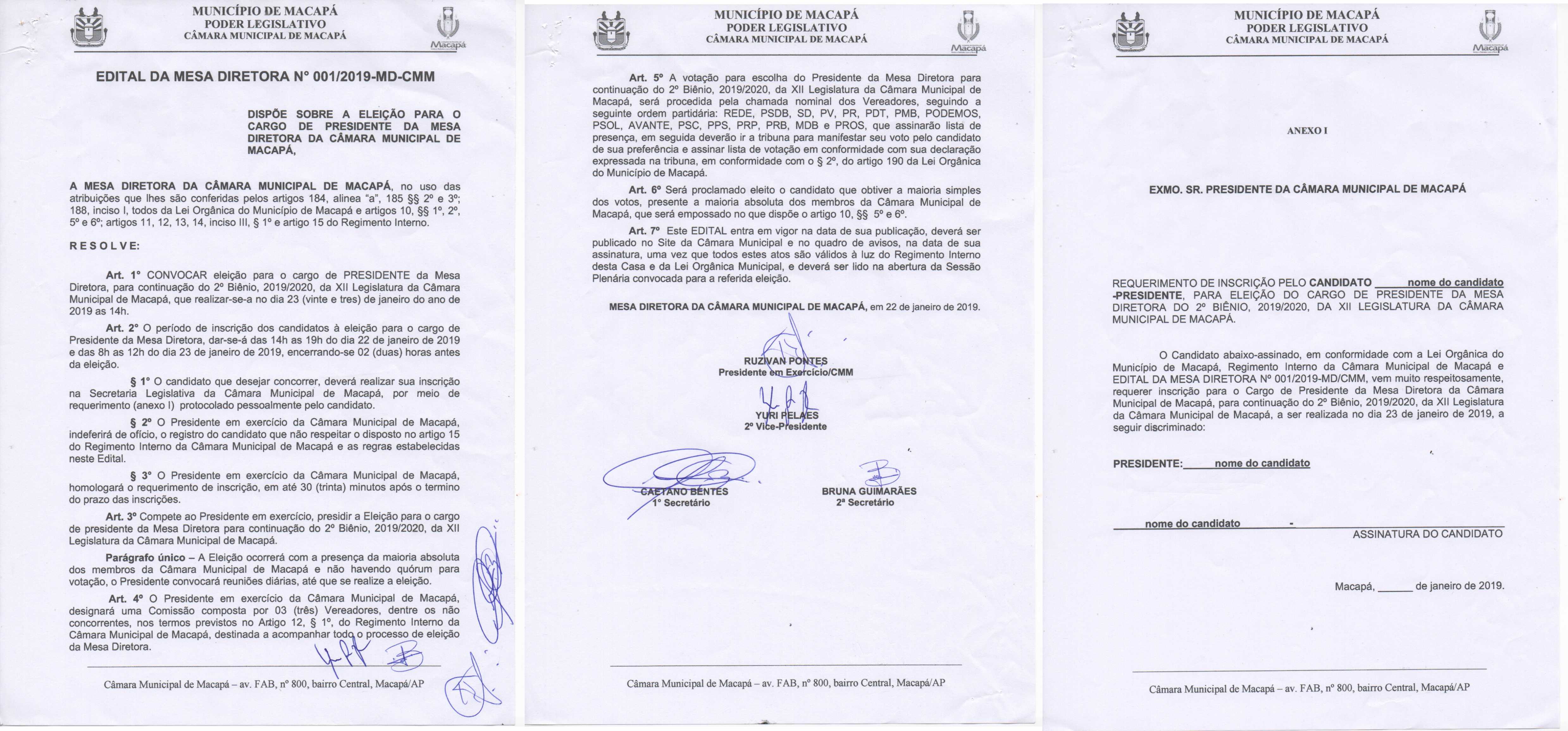 Edital n. 001/2019-MD-CMM - DISPÕE SOBRE A ELEIÇÃO PARA O CARGO DE PRESIDENTE DA MESA DIRETORA DA CÂMARA MUNICIPAL DE MACAPÁ.