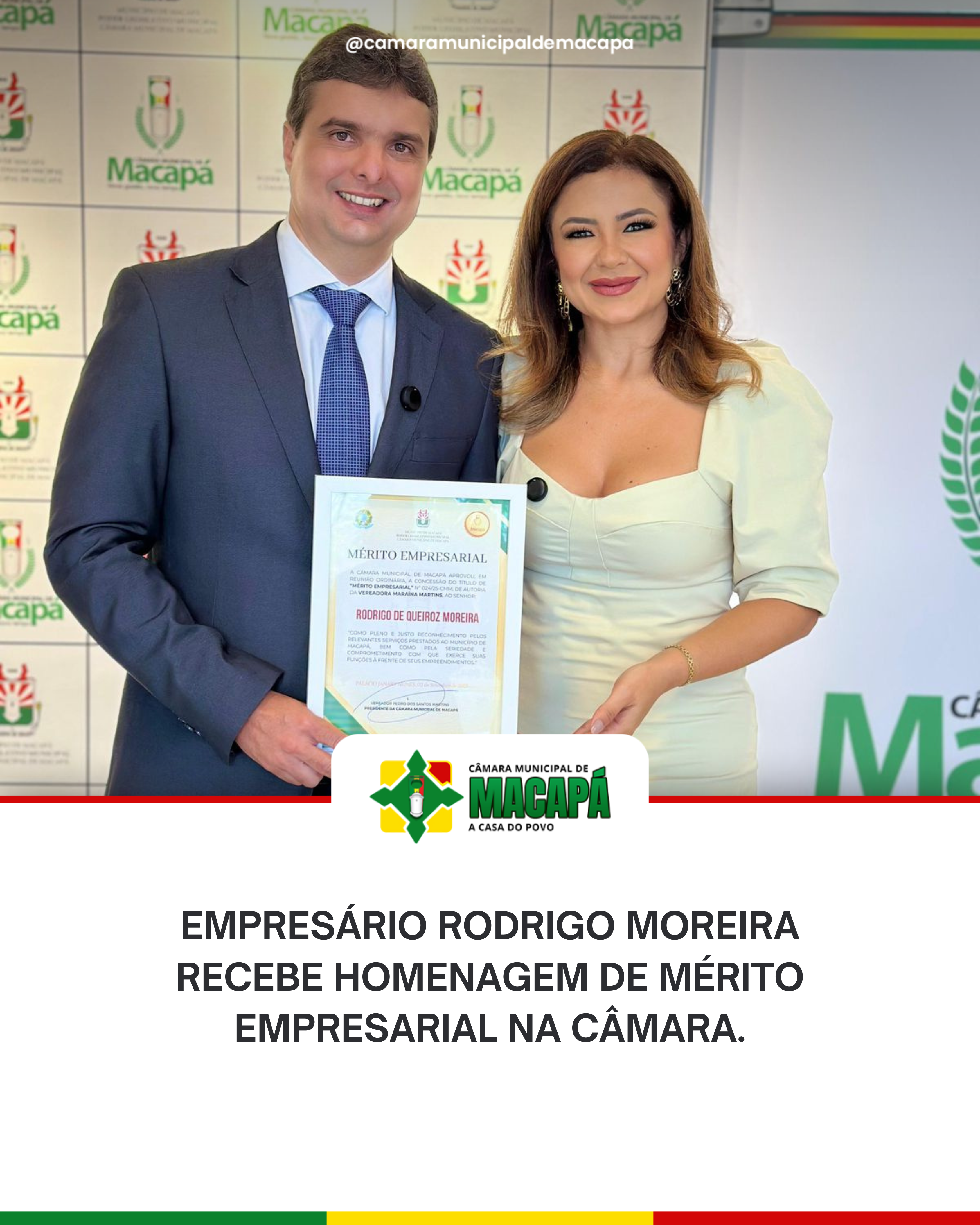 Empresário Rodrigo Moreira recebe homenagem de Mérito Empresarial na Câmara.