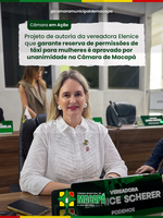 Projeto de autoria da vereadora Elenice que garante reserva de permissões de táxi para mulheres é aprovado por unanimidade na Câmara de Macapá