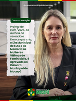 Projeto de L004/2026, de autoria da vereadora Elenice que cria, o Dia Municipal de Luto e de Memória às Mulheres Vítimas de Feminicídio, é aprovado na Câmara Municipal de Macapá